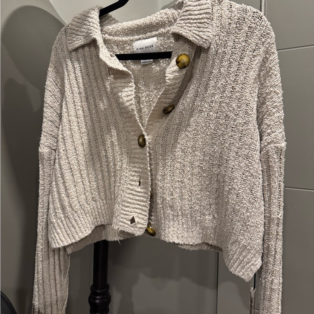 Pink Rose Textured Knit Cardigan in Cream